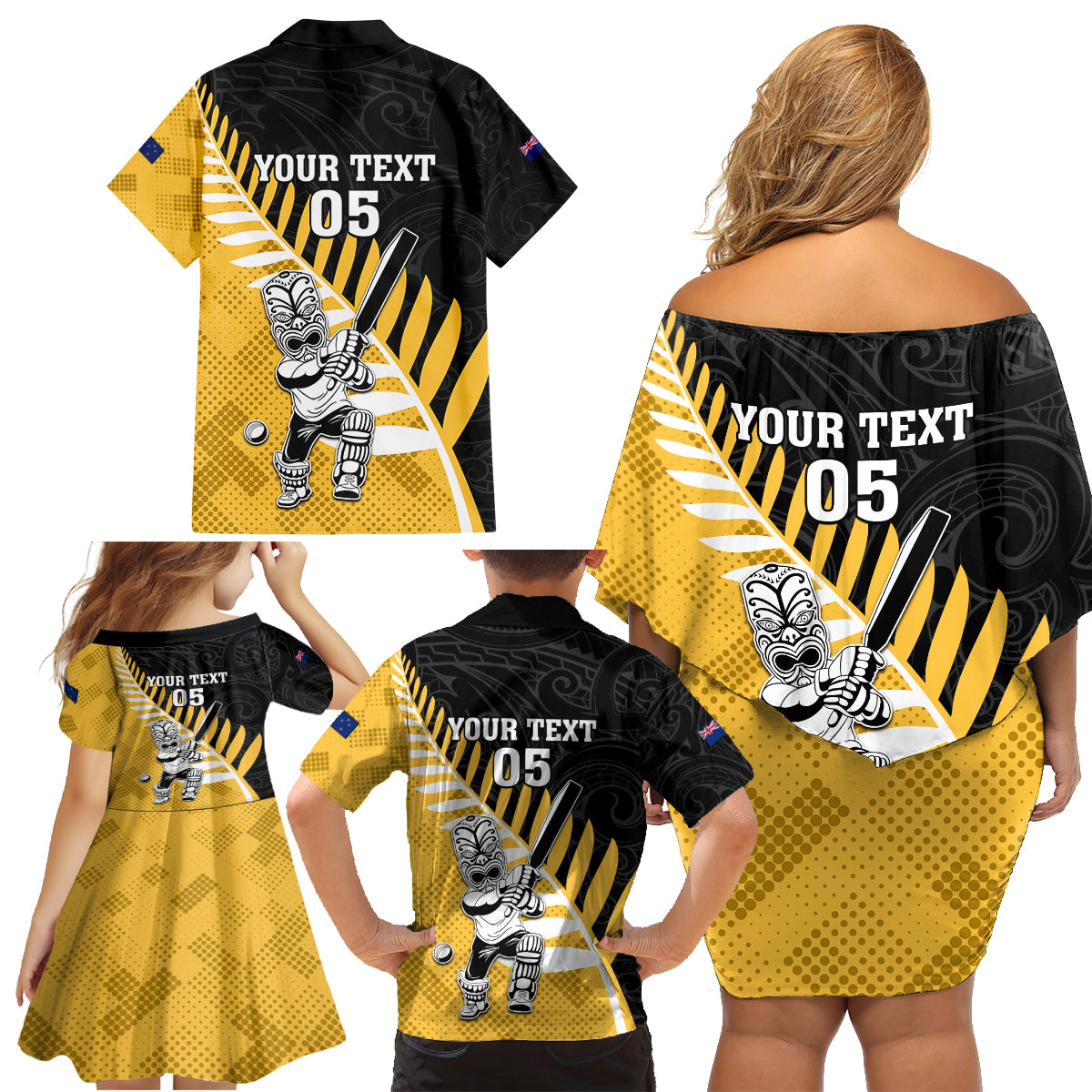 Custom New Zealand Wellington Cricket Family Matching Off Shoulder Short Dress and Hawaiian Shirt With Maori Pattern