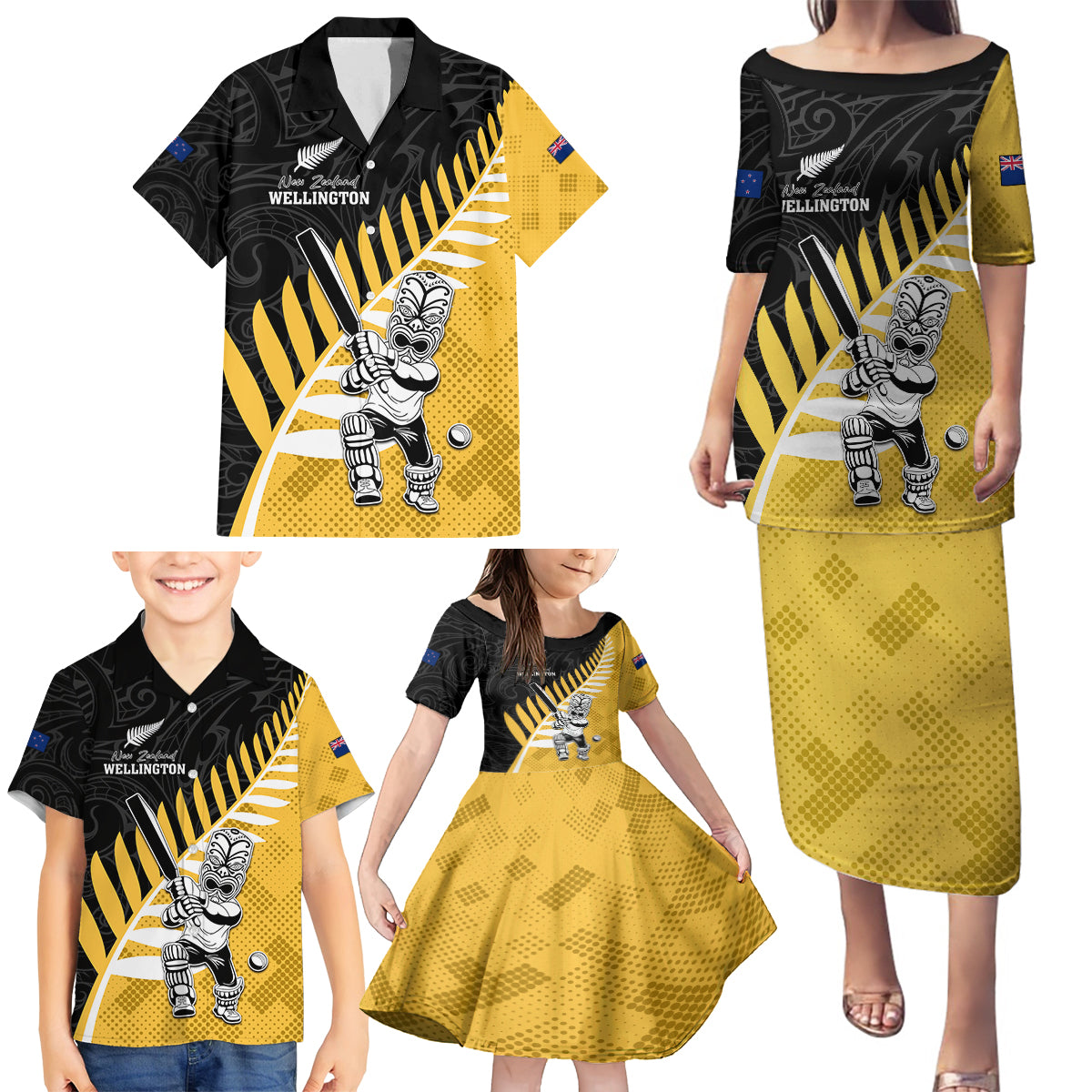 Custom New Zealand Wellington Cricket Family Matching Puletasi and Hawaiian Shirt With Maori Pattern