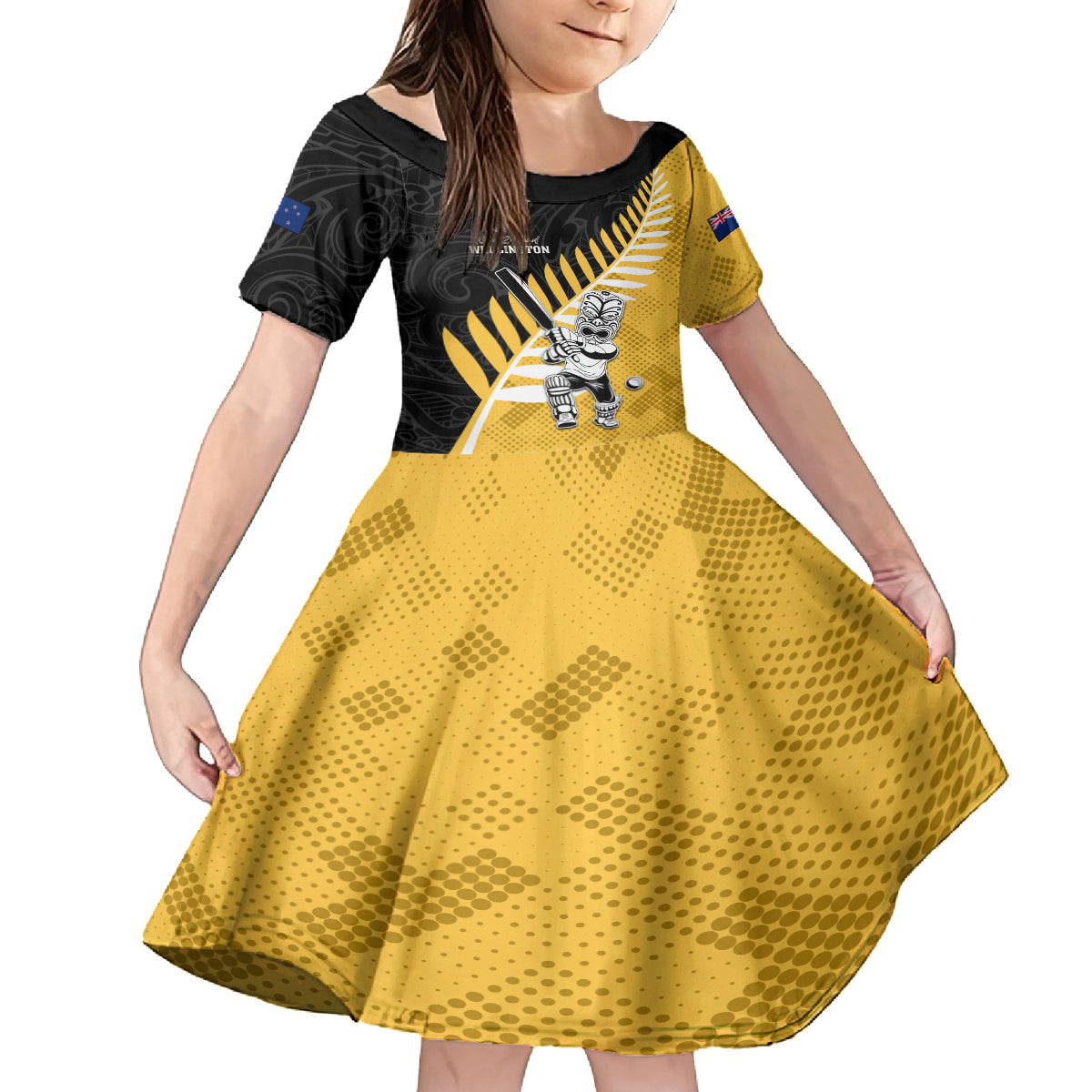 Custom New Zealand Wellington Cricket Kid Short Sleeve Dress With Maori Pattern