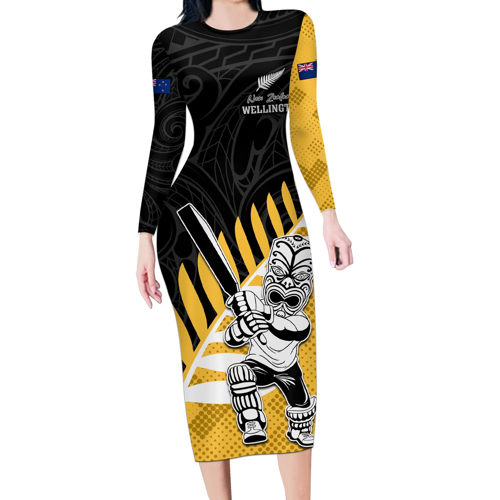 Custom New Zealand Wellington Cricket Long Sleeve Bodycon Dress With Maori Pattern