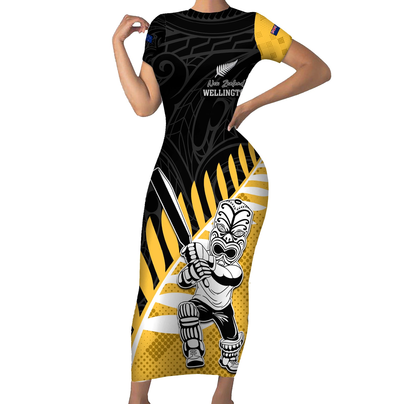 Custom New Zealand Wellington Cricket Short Sleeve Bodycon Dress With Maori Pattern