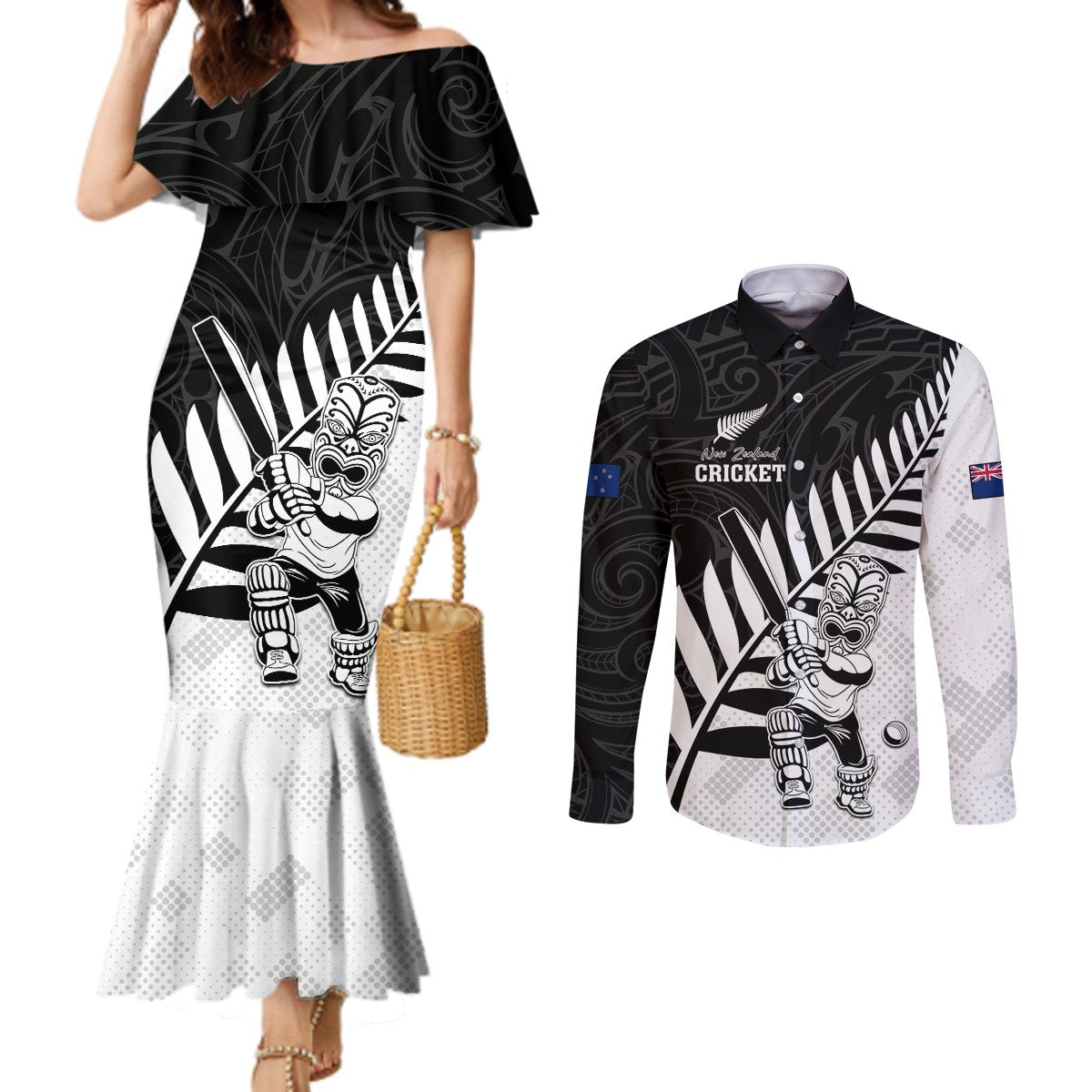 Custom New Zealand Cricket Couples Matching Mermaid Dress and Long Sleeve Button Shirt With Maori Pattern LT05 Black - Polynesian Pride