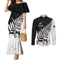 Custom New Zealand Cricket Couples Matching Mermaid Dress and Long Sleeve Button Shirt With Maori Pattern LT05 Black - Polynesian Pride