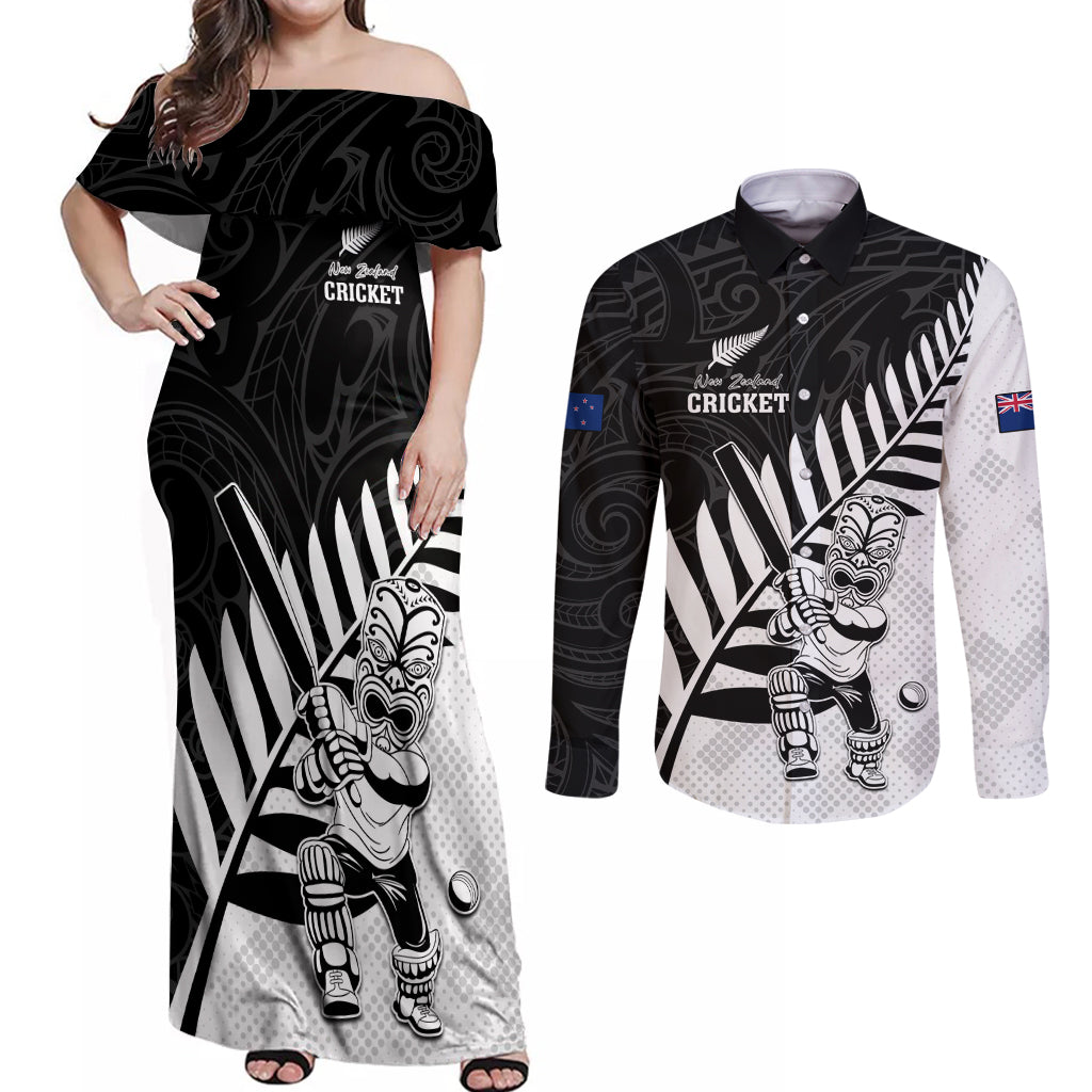 Custom New Zealand Cricket Couples Matching Off Shoulder Maxi Dress and Long Sleeve Button Shirt With Maori Pattern LT05 Black - Polynesian Pride