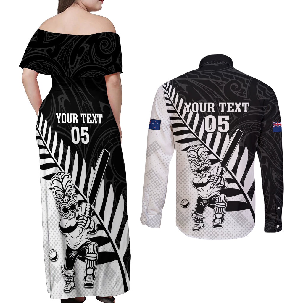 Custom New Zealand Cricket Couples Matching Off Shoulder Maxi Dress and Long Sleeve Button Shirt With Maori Pattern LT05 - Polynesian Pride