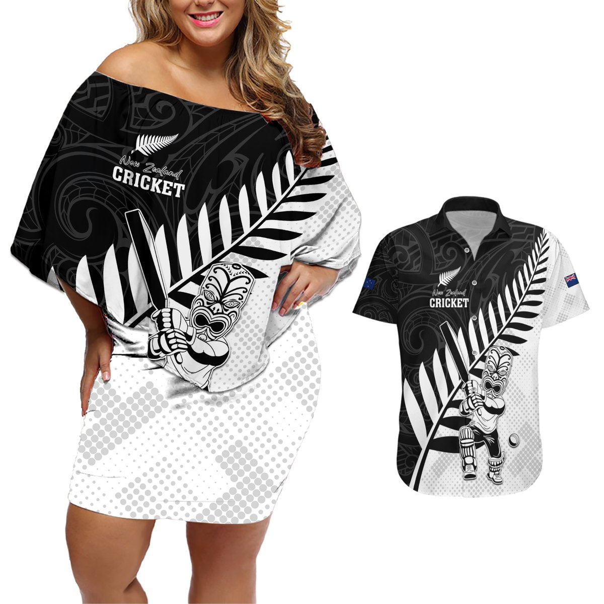 Custom New Zealand Cricket Couples Matching Off Shoulder Short Dress and Hawaiian Shirt With Maori Pattern LT05 Black - Polynesian Pride