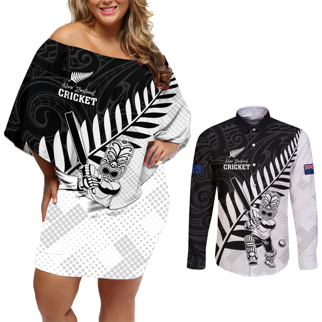 Custom New Zealand Cricket Couples Matching Off Shoulder Short Dress and Long Sleeve Button Shirt With Maori Pattern LT05 Black - Polynesian Pride