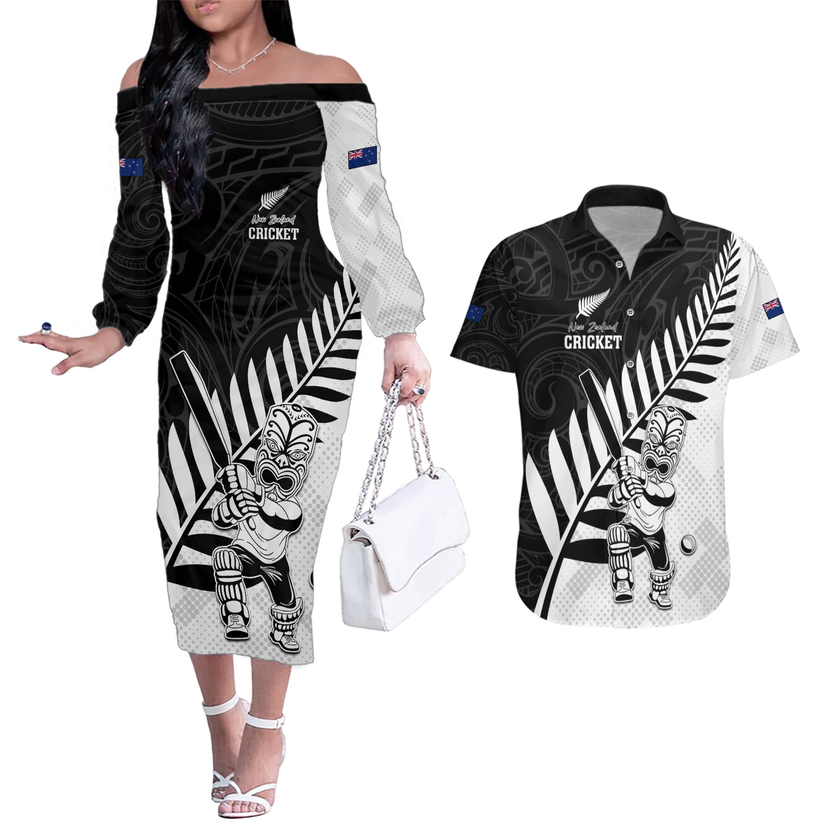 Custom New Zealand Cricket Couples Matching Off The Shoulder Long Sleeve Dress and Hawaiian Shirt With Maori Pattern LT05 Black - Polynesian Pride