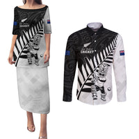Custom New Zealand Cricket Couples Matching Puletasi and Long Sleeve Button Shirt With Maori Pattern LT05 Black - Polynesian Pride