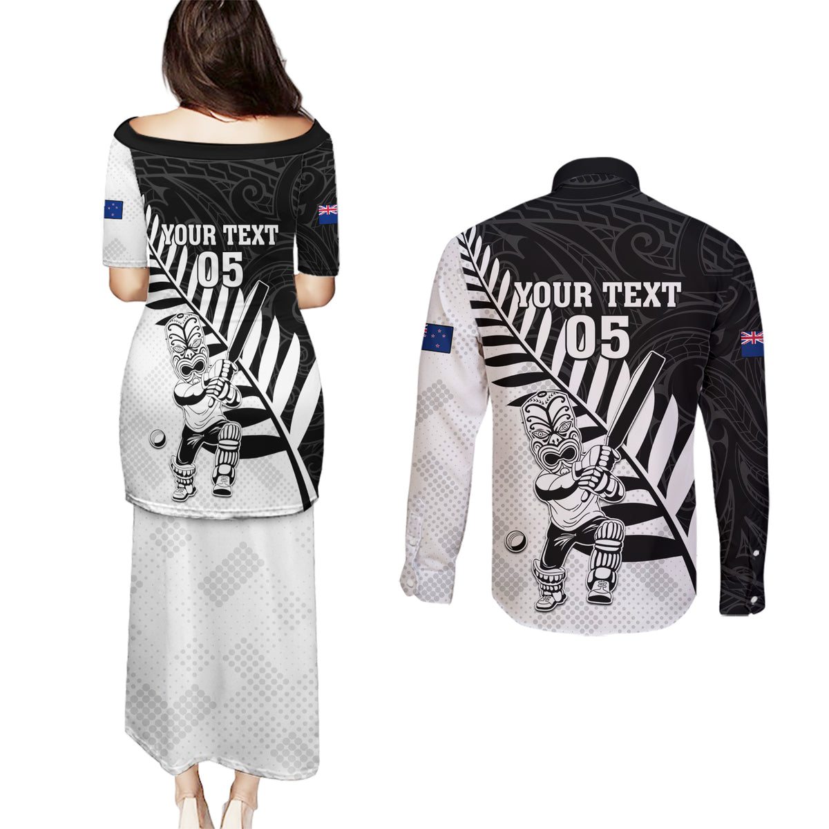 Custom New Zealand Cricket Couples Matching Puletasi and Long Sleeve Button Shirt With Maori Pattern LT05 - Polynesian Pride