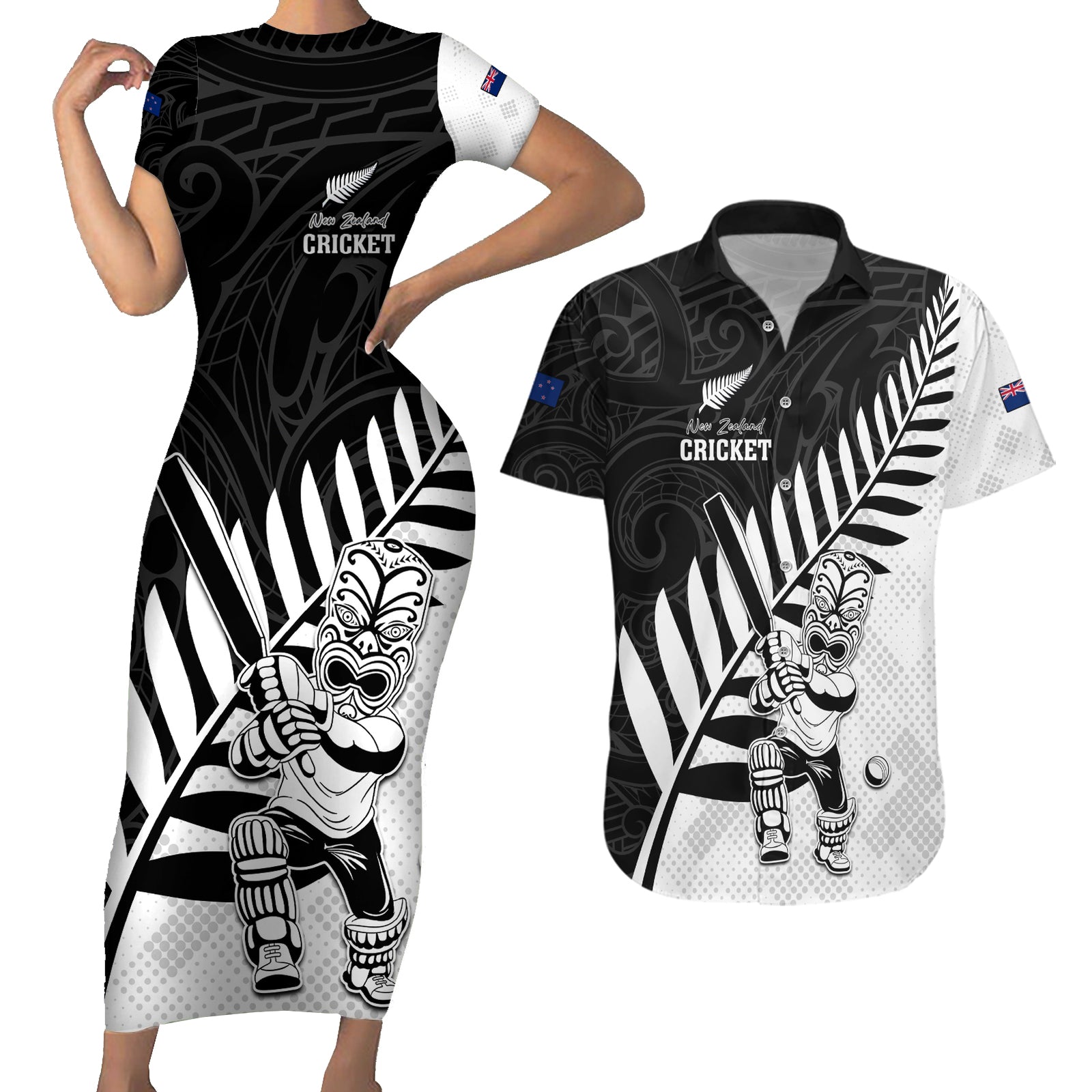 Custom New Zealand Cricket Couples Matching Short Sleeve Bodycon Dress and Hawaiian Shirt With Maori Pattern LT05 Black - Polynesian Pride