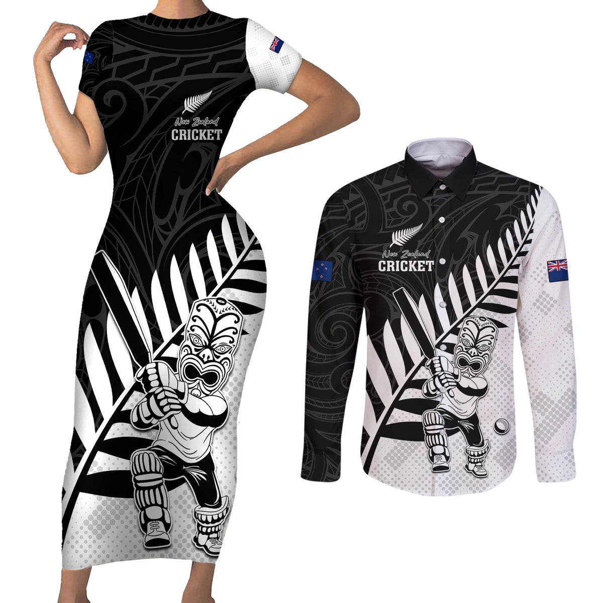 Custom New Zealand Cricket Couples Matching Short Sleeve Bodycon Dress and Long Sleeve Button Shirt With Maori Pattern LT05 Black - Polynesian Pride