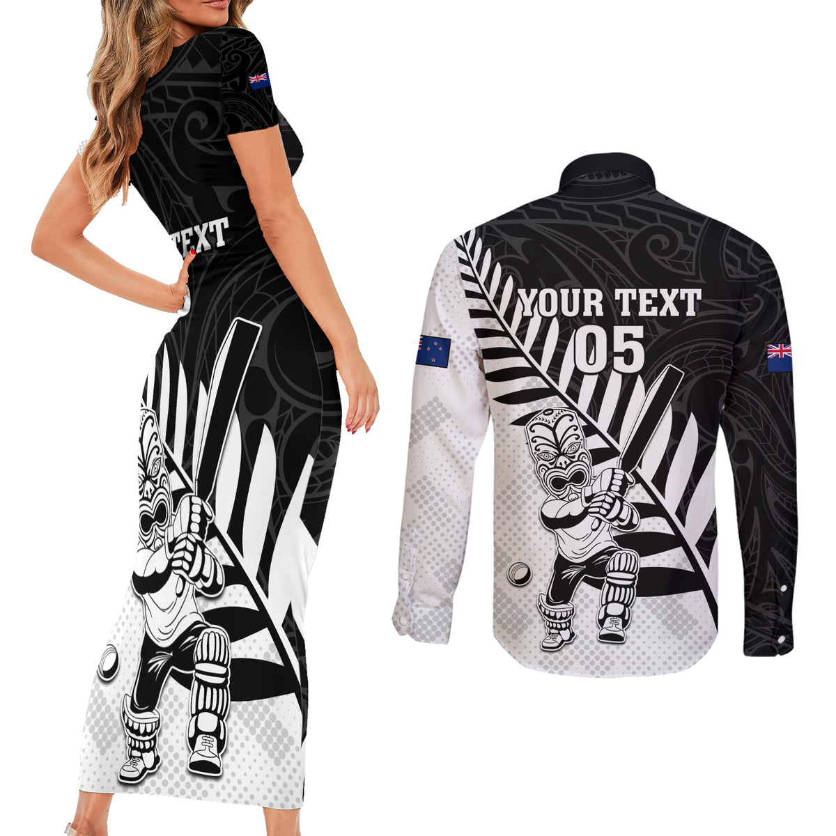 Custom New Zealand Cricket Couples Matching Short Sleeve Bodycon Dress and Long Sleeve Button Shirt With Maori Pattern LT05 - Polynesian Pride