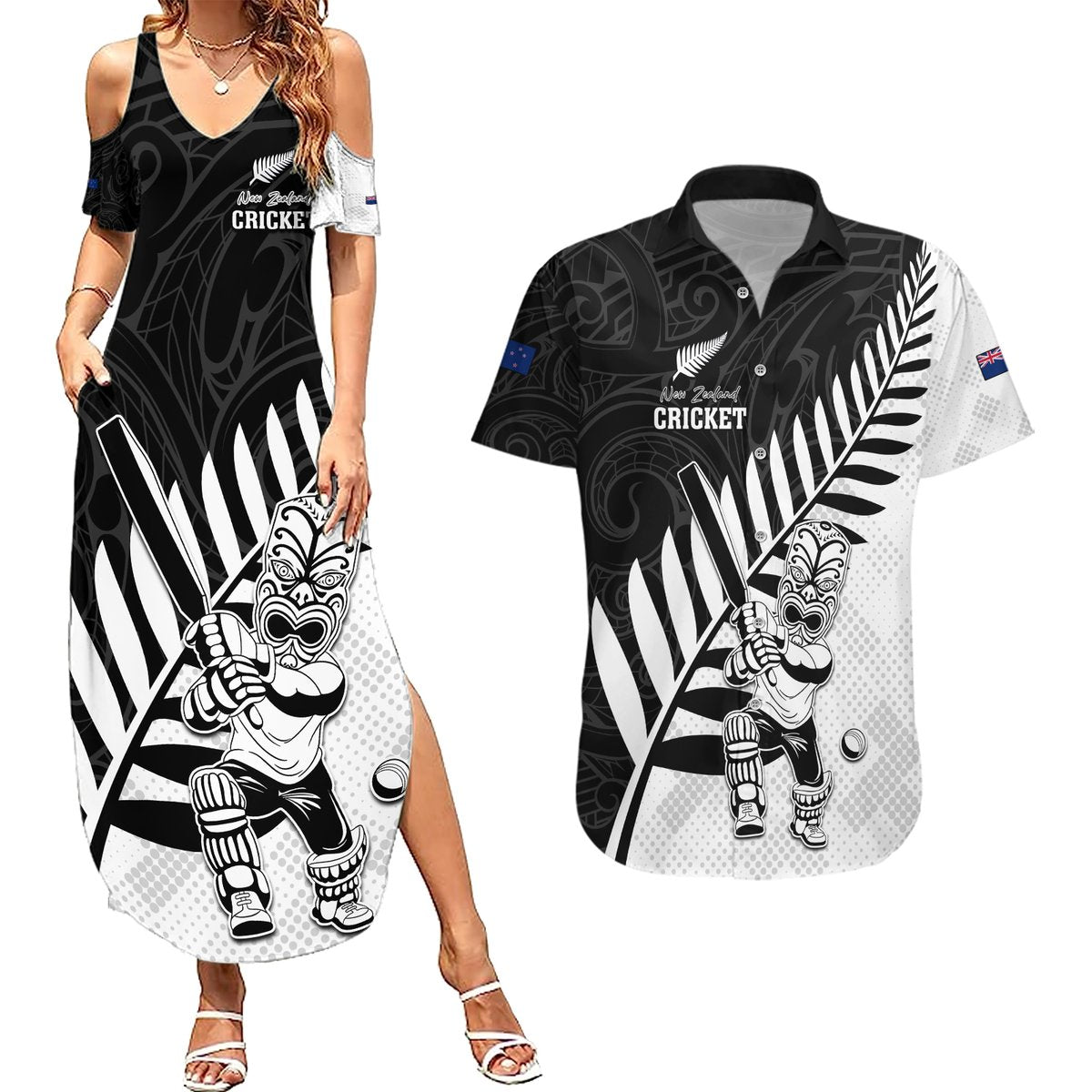 Custom New Zealand Cricket Couples Matching Summer Maxi Dress and Hawaiian Shirt With Maori Pattern LT05 Black - Polynesian Pride