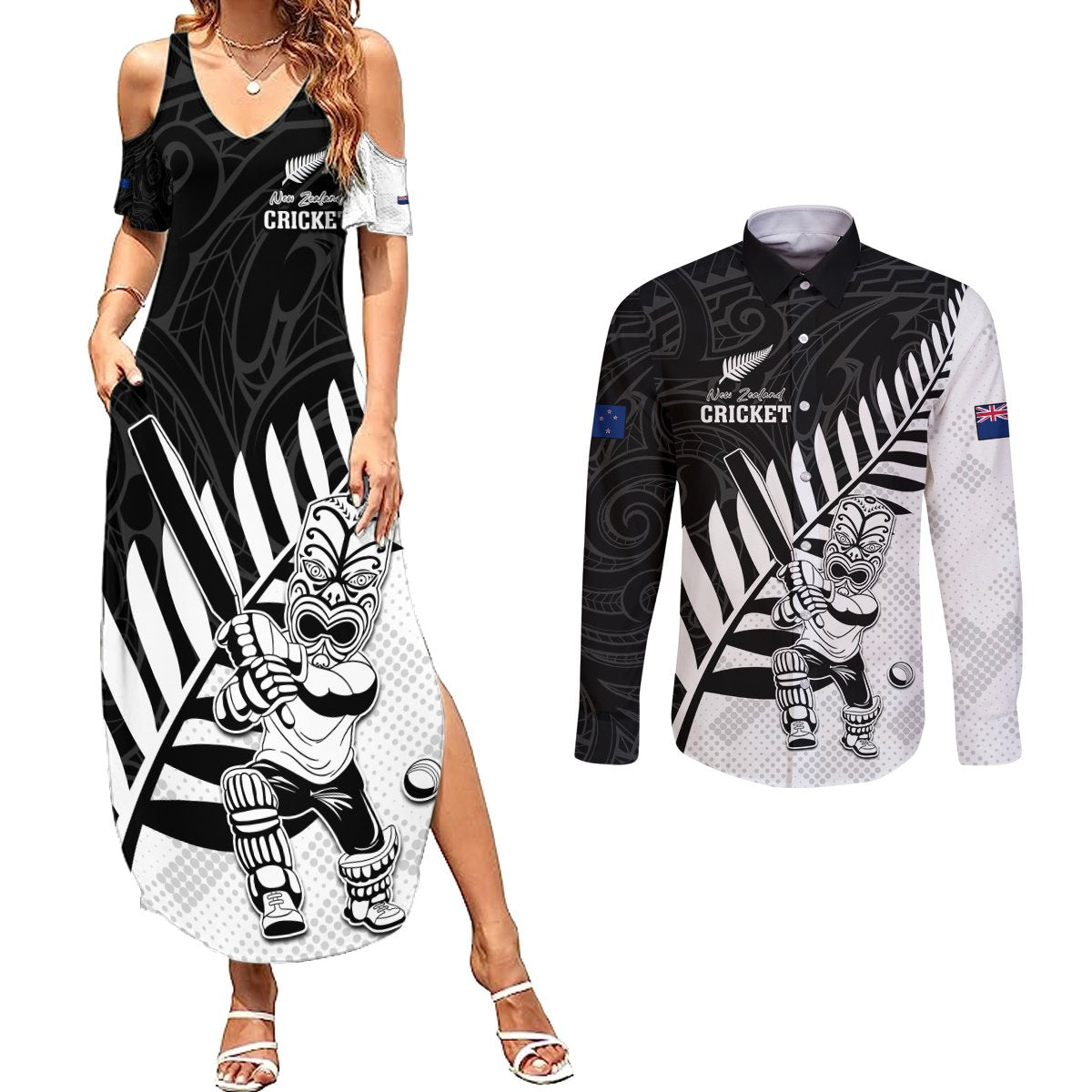 Custom New Zealand Cricket Couples Matching Summer Maxi Dress and Long Sleeve Button Shirt With Maori Pattern LT05 Black - Polynesian Pride