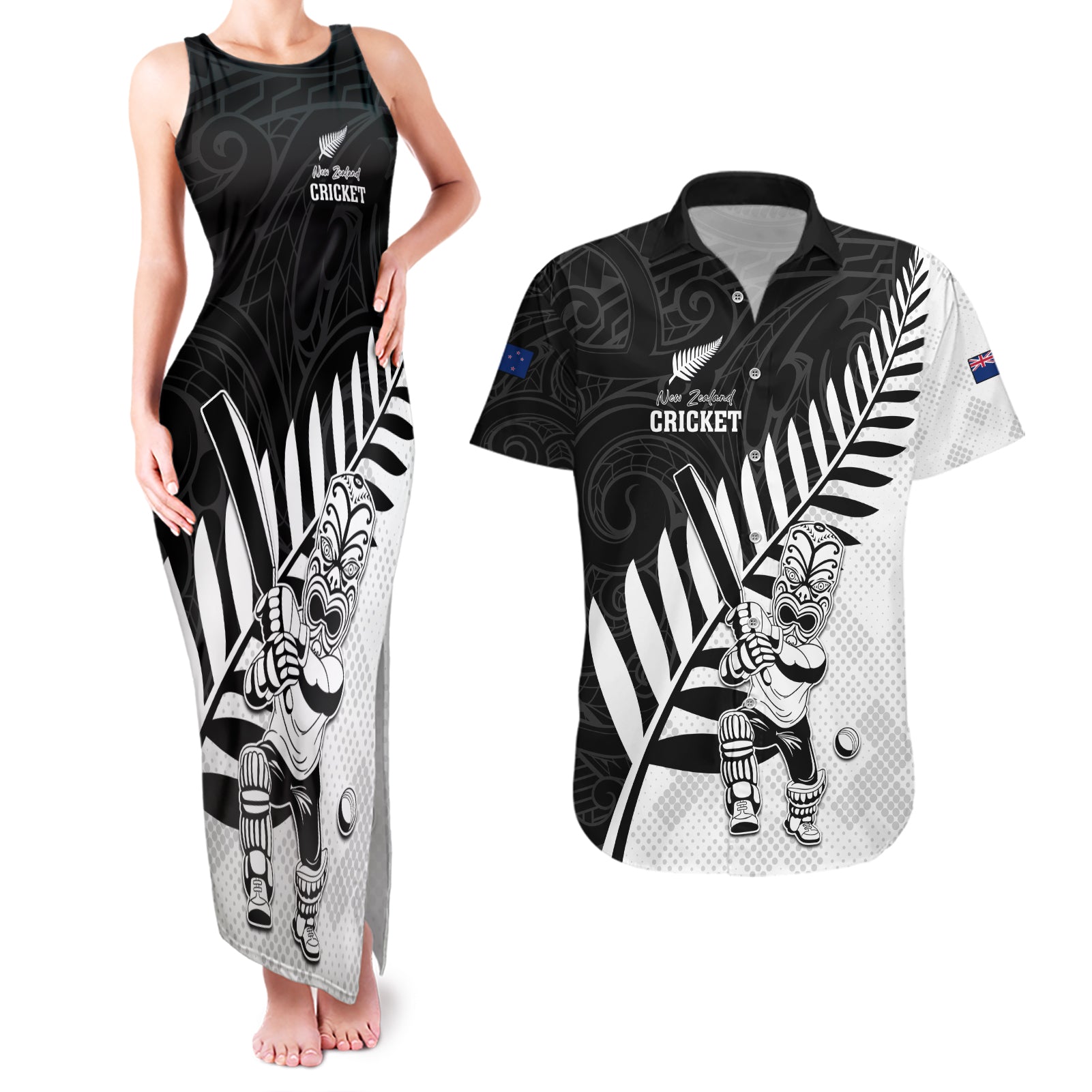 Custom New Zealand Cricket Couples Matching Tank Maxi Dress and Hawaiian Shirt With Maori Pattern