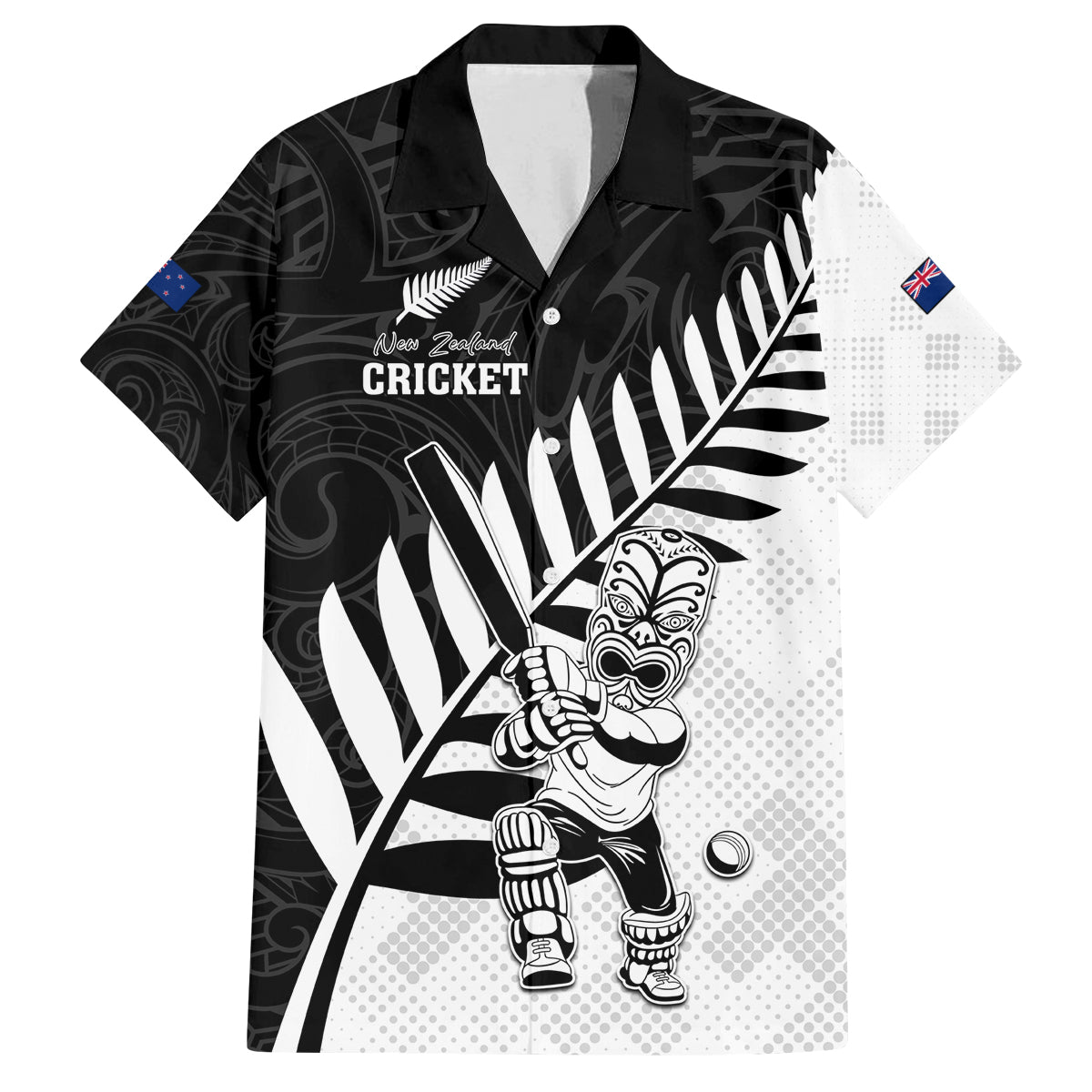 Custom New Zealand Cricket Family Matching Puletasi and Hawaiian Shirt With Maori Pattern LT05 Dad's Shirt - Short Sleeve Black - Polynesian Pride