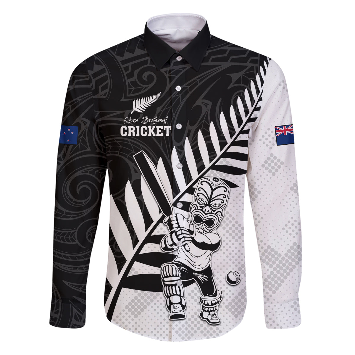 Custom New Zealand Cricket Family Matching Puletasi and Hawaiian Shirt With Maori Pattern LT05 Dad's Shirt - Long Sleeve Black - Polynesian Pride