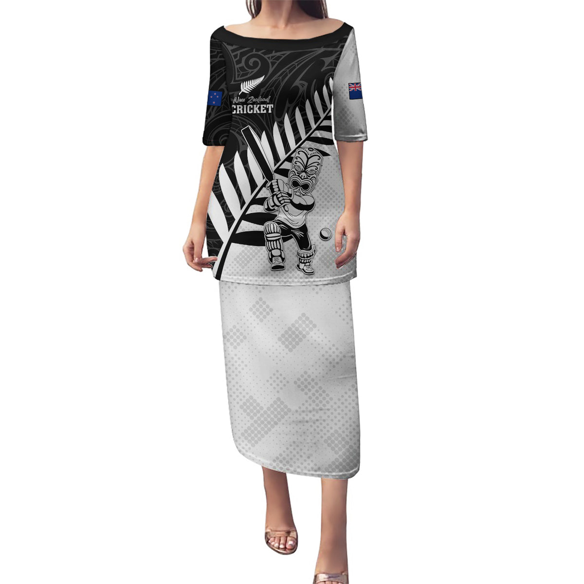 Custom New Zealand Cricket Puletasi With Maori Pattern LT05 Long Dress Black - Polynesian Pride