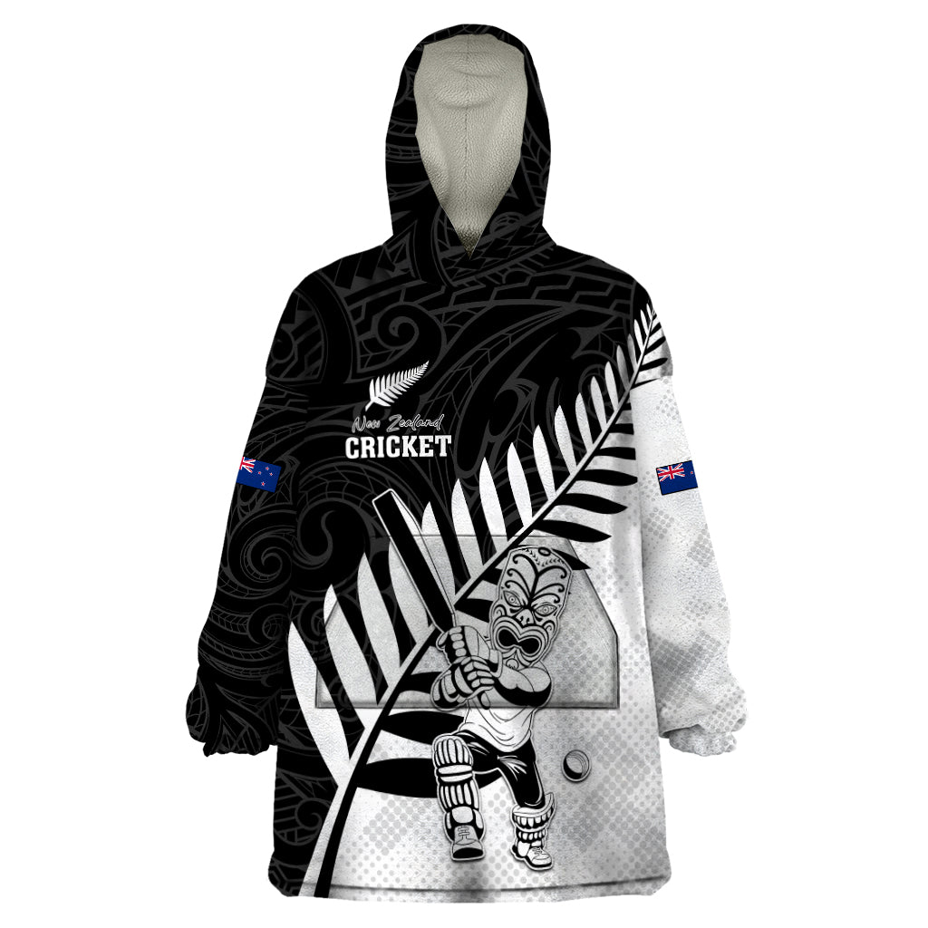 Custom New Zealand Cricket Wearable Blanket Hoodie With Maori Pattern LT05 One Size Black - Polynesian Pride