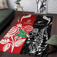 New Zealand And England Rugby Area Rug Maori Tiki With Red Rose Together