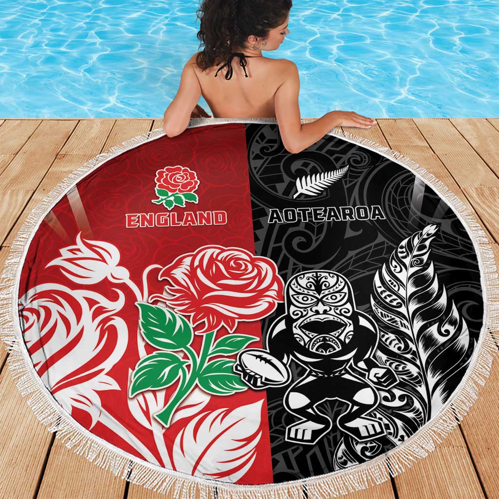 New Zealand And England Rugby Beach Blanket Maori Tiki With Red Rose Together
