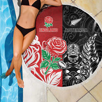 New Zealand And England Rugby Beach Blanket Maori Tiki With Red Rose Together