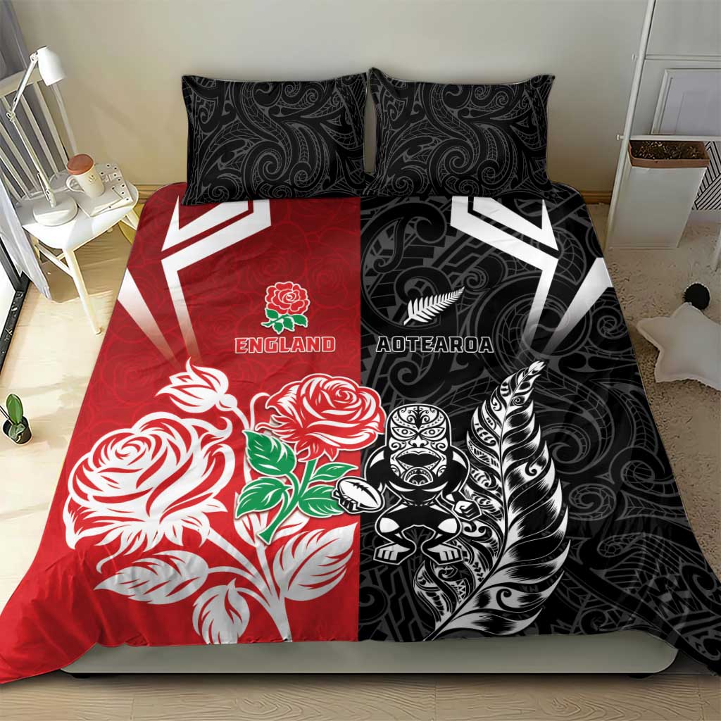 New Zealand And England Rugby Bedding Set Maori Tiki With Red Rose Together