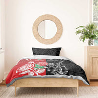 New Zealand And England Rugby Bedding Set Maori Tiki With Red Rose Together