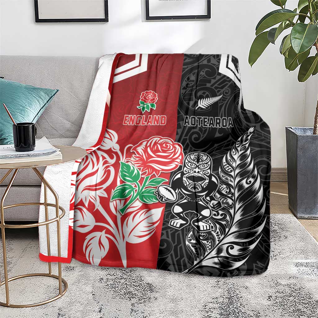 New Zealand And England Rugby Blanket Maori Tiki With Red Rose Together
