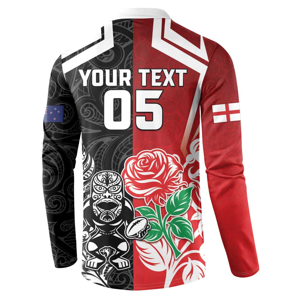 New Zealand And England Rugby Custom Button Sweatshirt Maori Tiki With Red Rose Together
