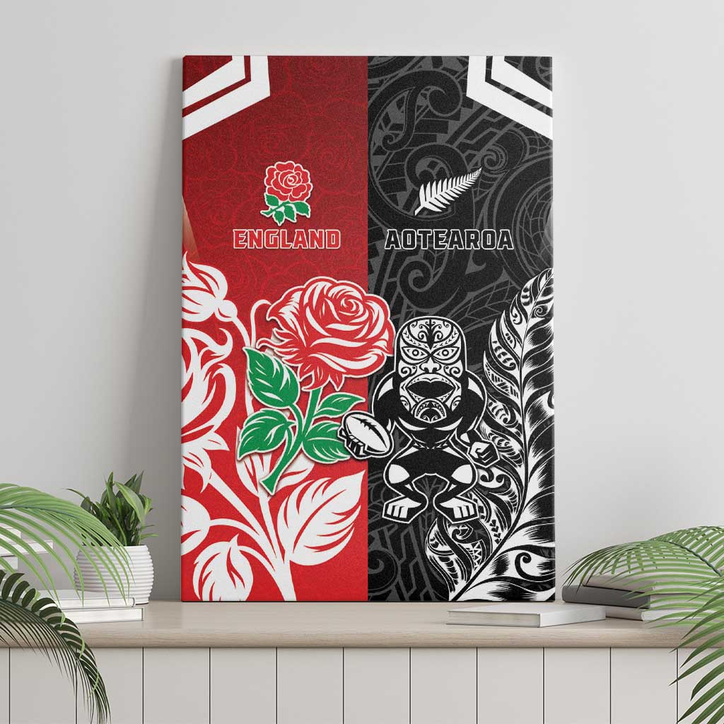 New Zealand And England Rugby Canvas Wall Art Maori Tiki With Red Rose Together
