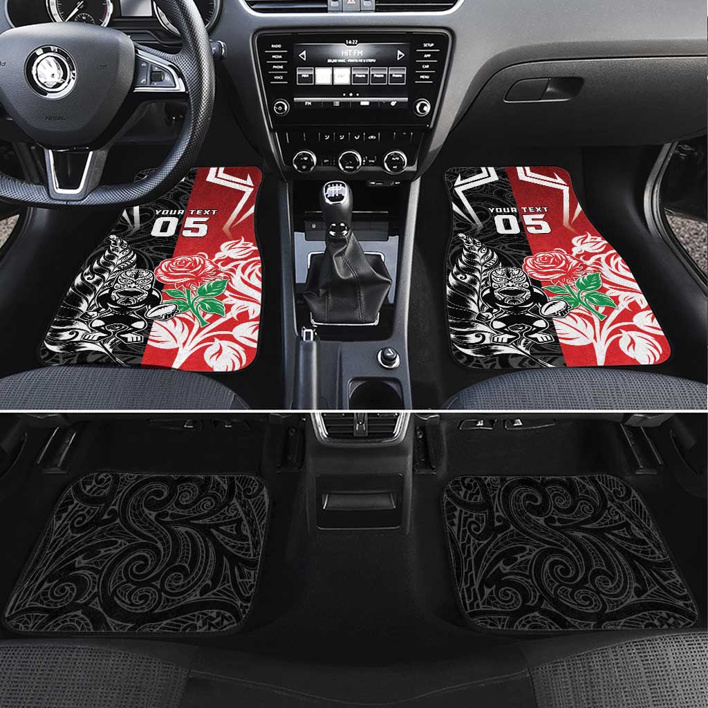 New Zealand And England Rugby Car Mats Maori Tiki With Red Rose Together
