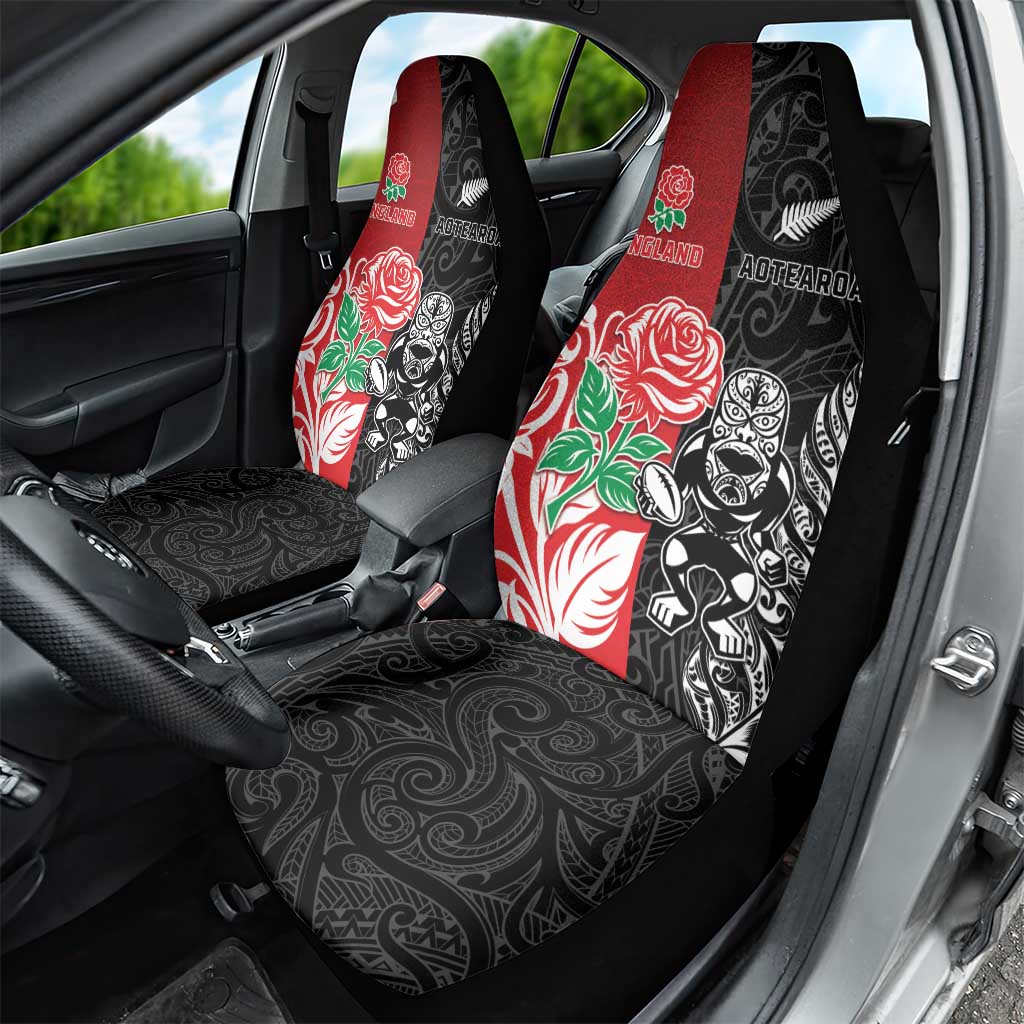 New Zealand And England Rugby Car Seat Cover Maori Tiki With Red Rose Together