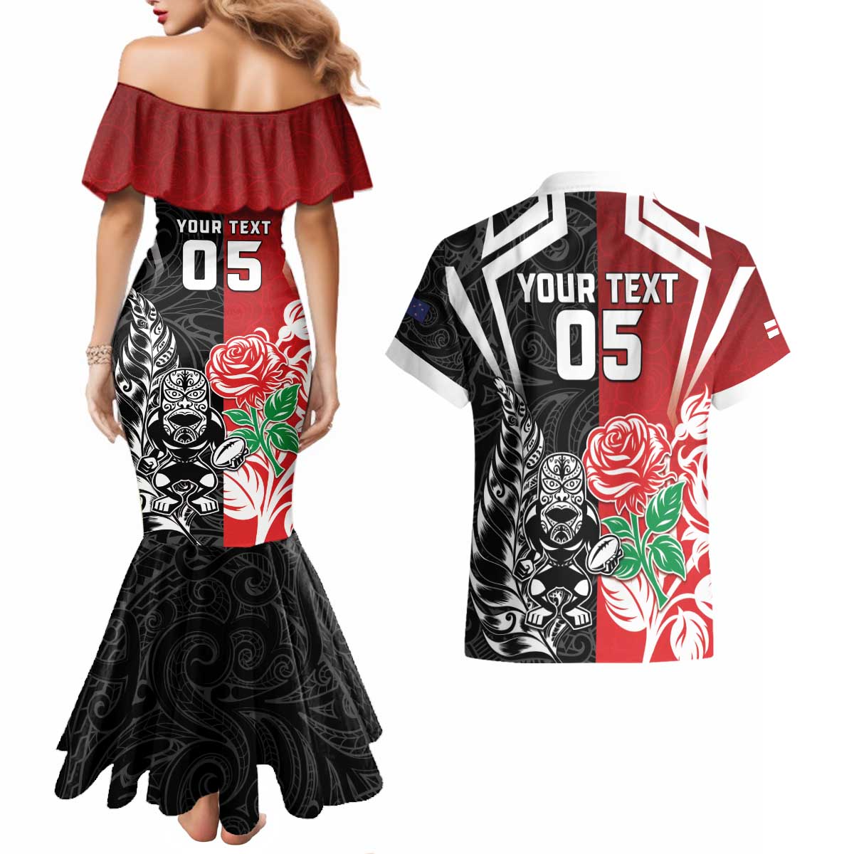 New Zealand And England Rugby Custom Couples Matching Mermaid Dress and Hawaiian Shirt Maori Tiki With Red Rose Together