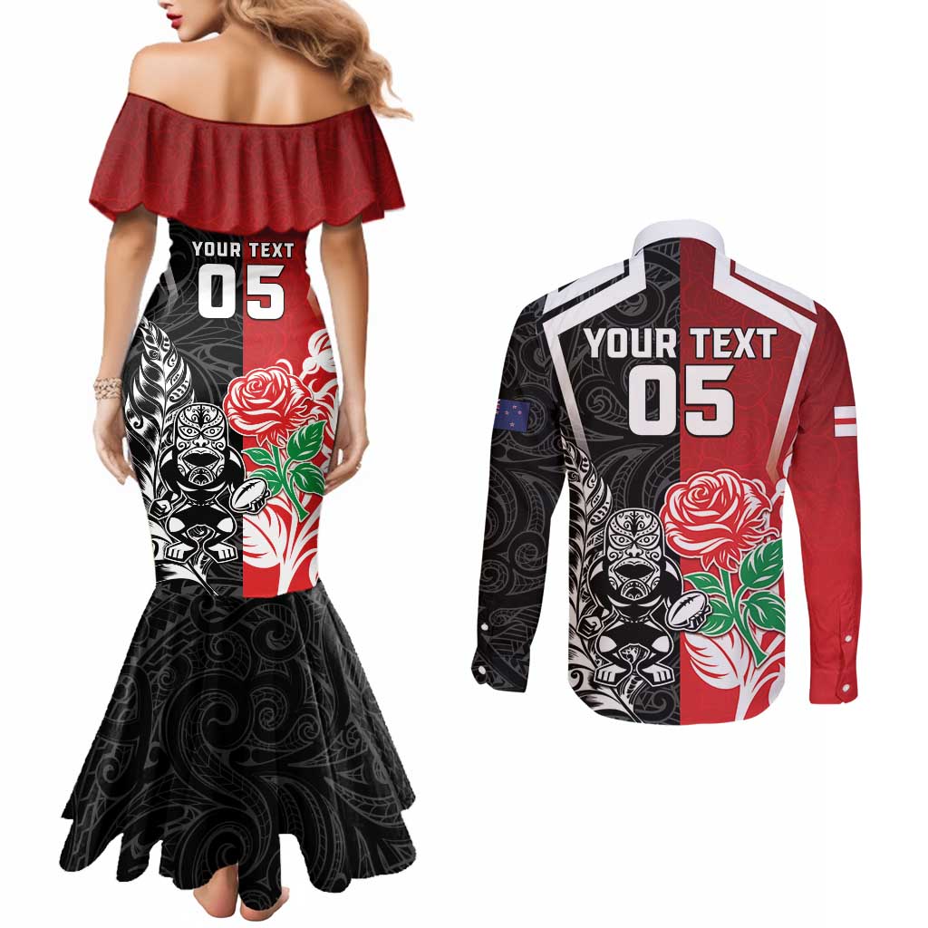 New Zealand And England Rugby Custom Couples Matching Mermaid Dress and Long Sleeve Button Shirt Maori Tiki With Red Rose Together