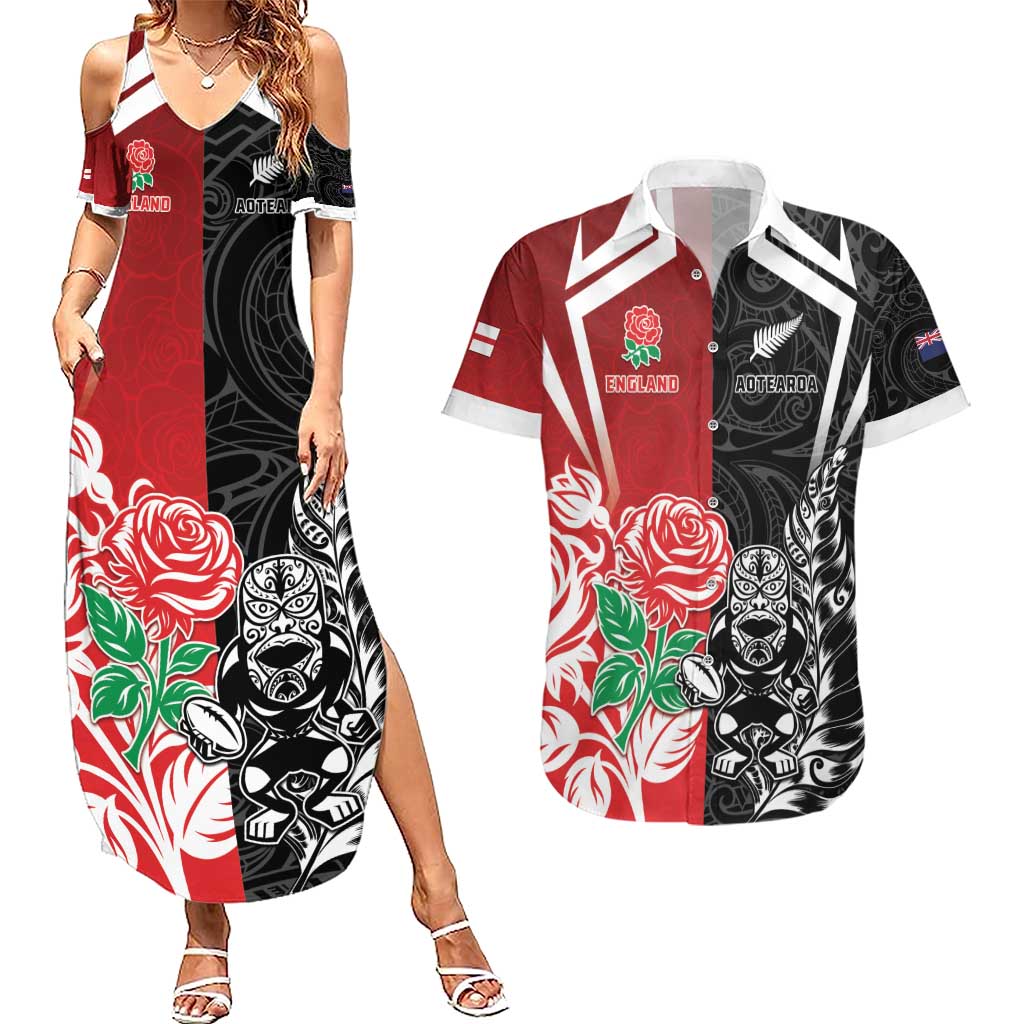 New Zealand And England Rugby Custom Couples Matching Summer Maxi Dress and Hawaiian Shirt Maori Tiki With Red Rose Together