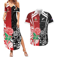 New Zealand And England Rugby Custom Couples Matching Summer Maxi Dress and Hawaiian Shirt Maori Tiki With Red Rose Together