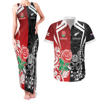 New Zealand And England Rugby Custom Couples Matching Tank Maxi Dress and Hawaiian Shirt Maori Tiki With Red Rose Together