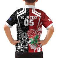 New Zealand And England Rugby Custom Family Matching Long Sleeve Bodycon Dress and Hawaiian Shirt Maori Tiki With Red Rose Together