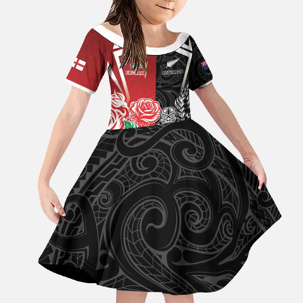 New Zealand And England Rugby Custom Family Matching Long Sleeve Bodycon Dress and Hawaiian Shirt Maori Tiki With Red Rose Together