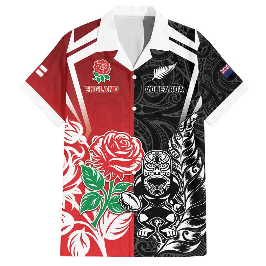 New Zealand And England Rugby Custom Family Matching Off Shoulder Maxi Dress and Hawaiian Shirt Maori Tiki With Red Rose Together