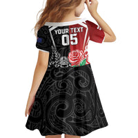 New Zealand And England Rugby Custom Family Matching Off Shoulder Short Dress and Hawaiian Shirt Maori Tiki With Red Rose Together