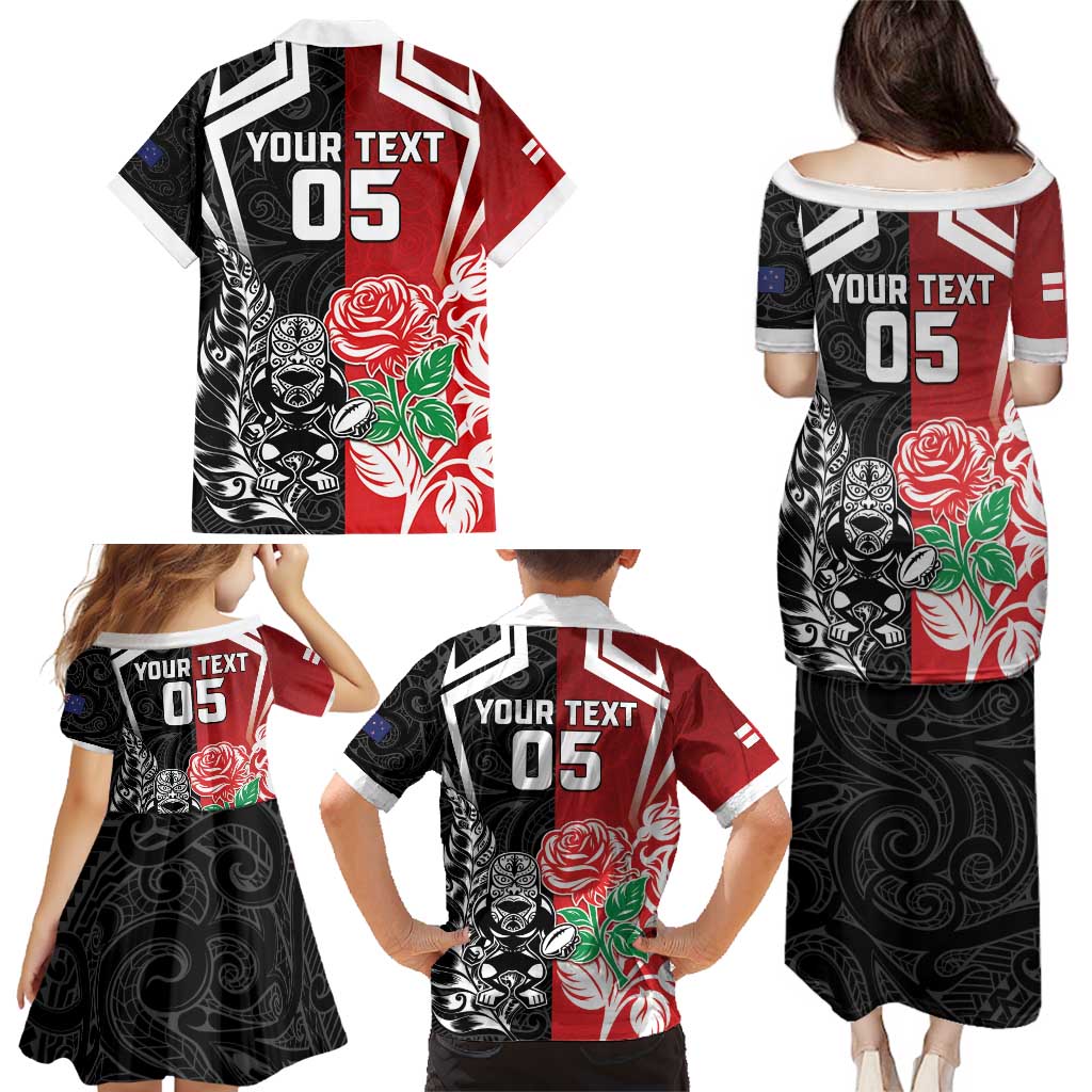 New Zealand And England Rugby Custom Family Matching Puletasi and Hawaiian Shirt Maori Tiki With Red Rose Together