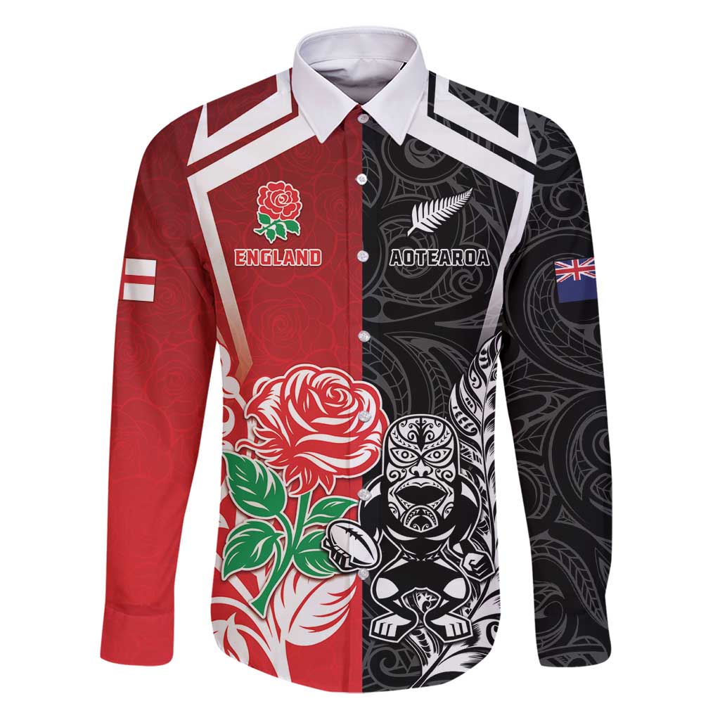 New Zealand And England Rugby Custom Family Matching Puletasi and Hawaiian Shirt Maori Tiki With Red Rose Together