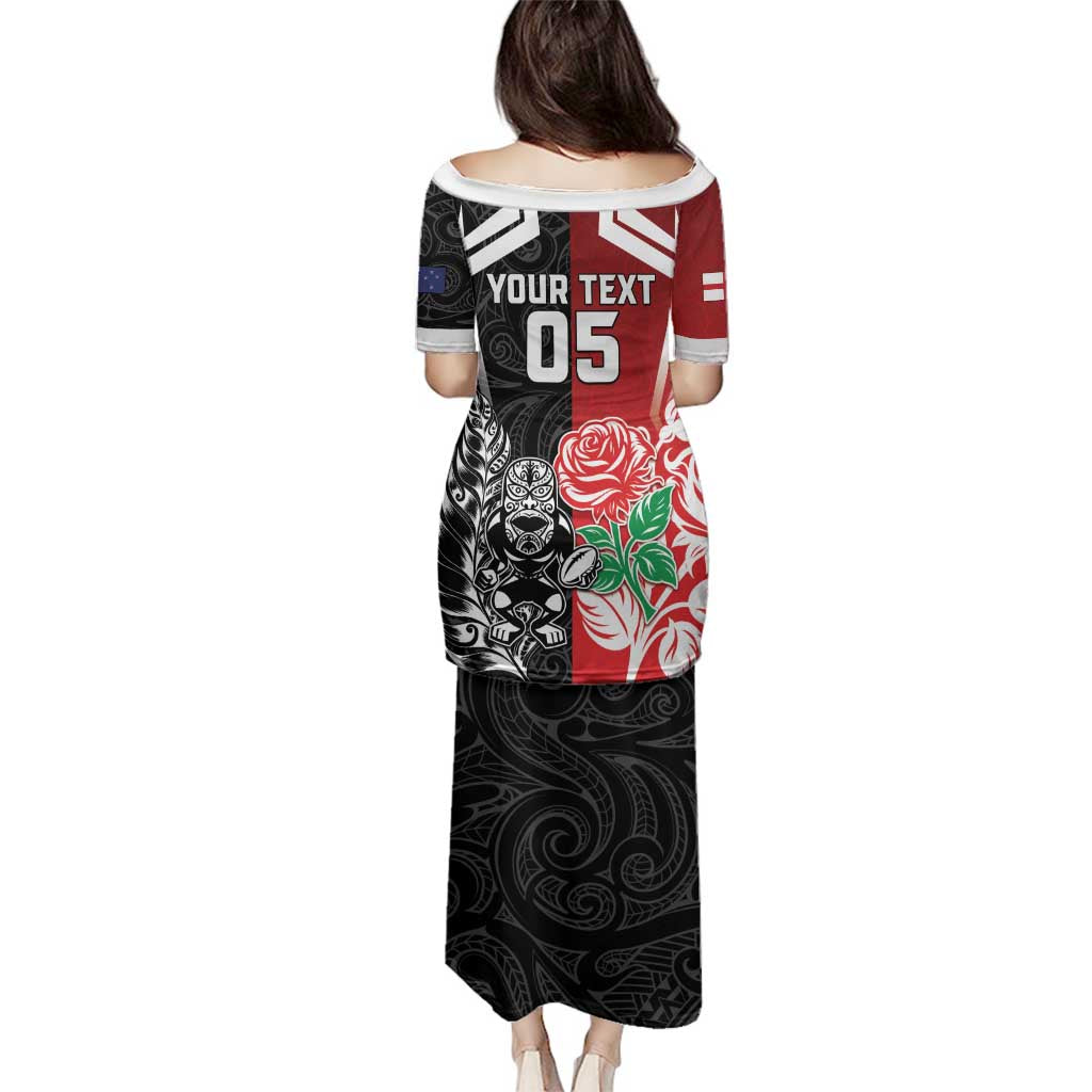 New Zealand And England Rugby Custom Family Matching Puletasi and Hawaiian Shirt Maori Tiki With Red Rose Together