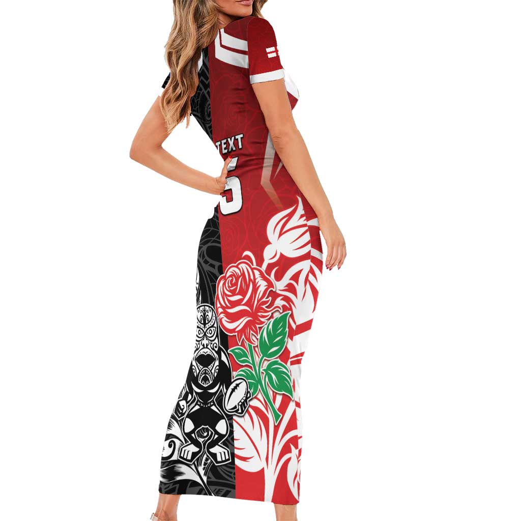 New Zealand And England Rugby Custom Family Matching Short Sleeve Bodycon Dress and Hawaiian Shirt Maori Tiki With Red Rose Together