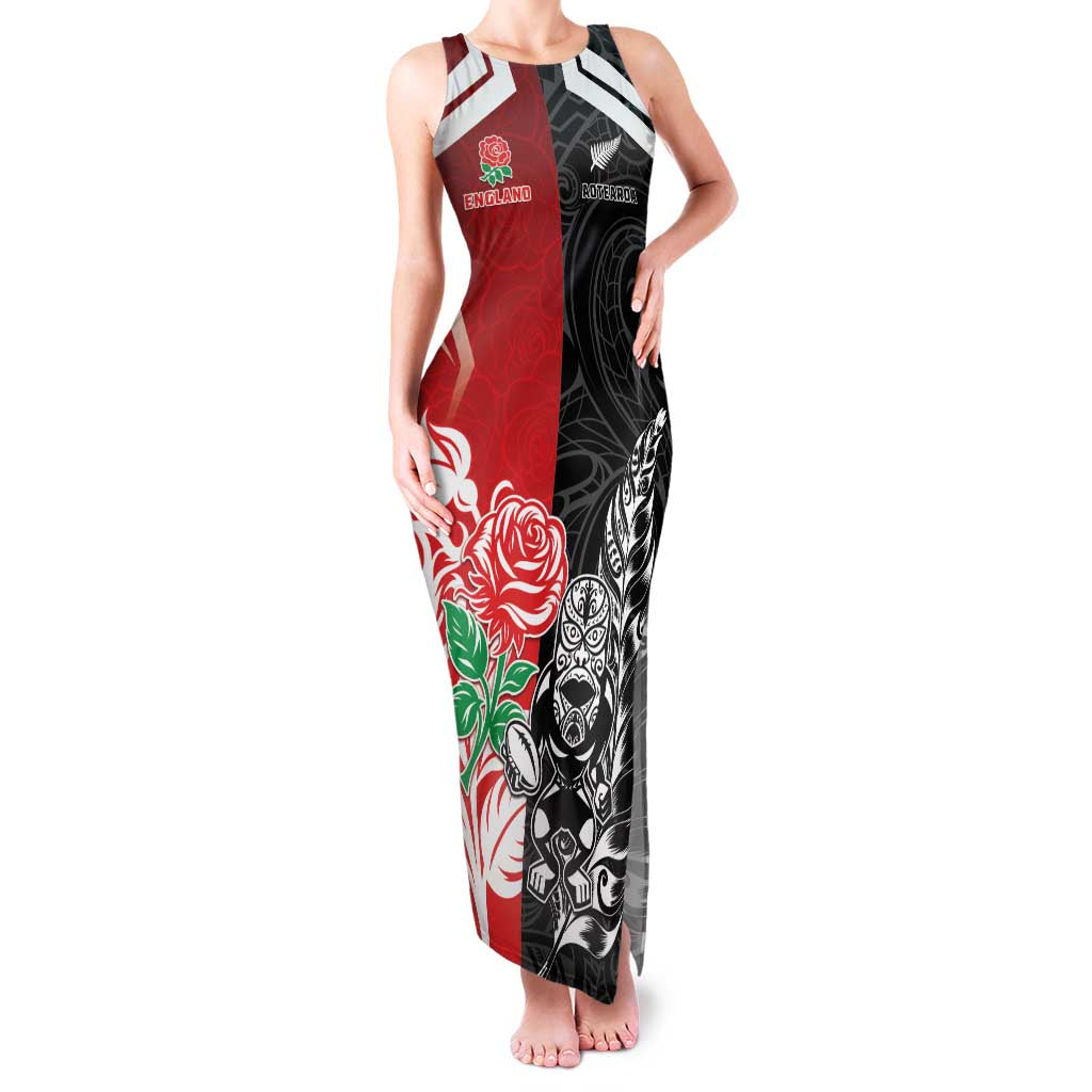 New Zealand And England Rugby Custom Family Matching Tank Maxi Dress and Hawaiian Shirt Maori Tiki With Red Rose Together