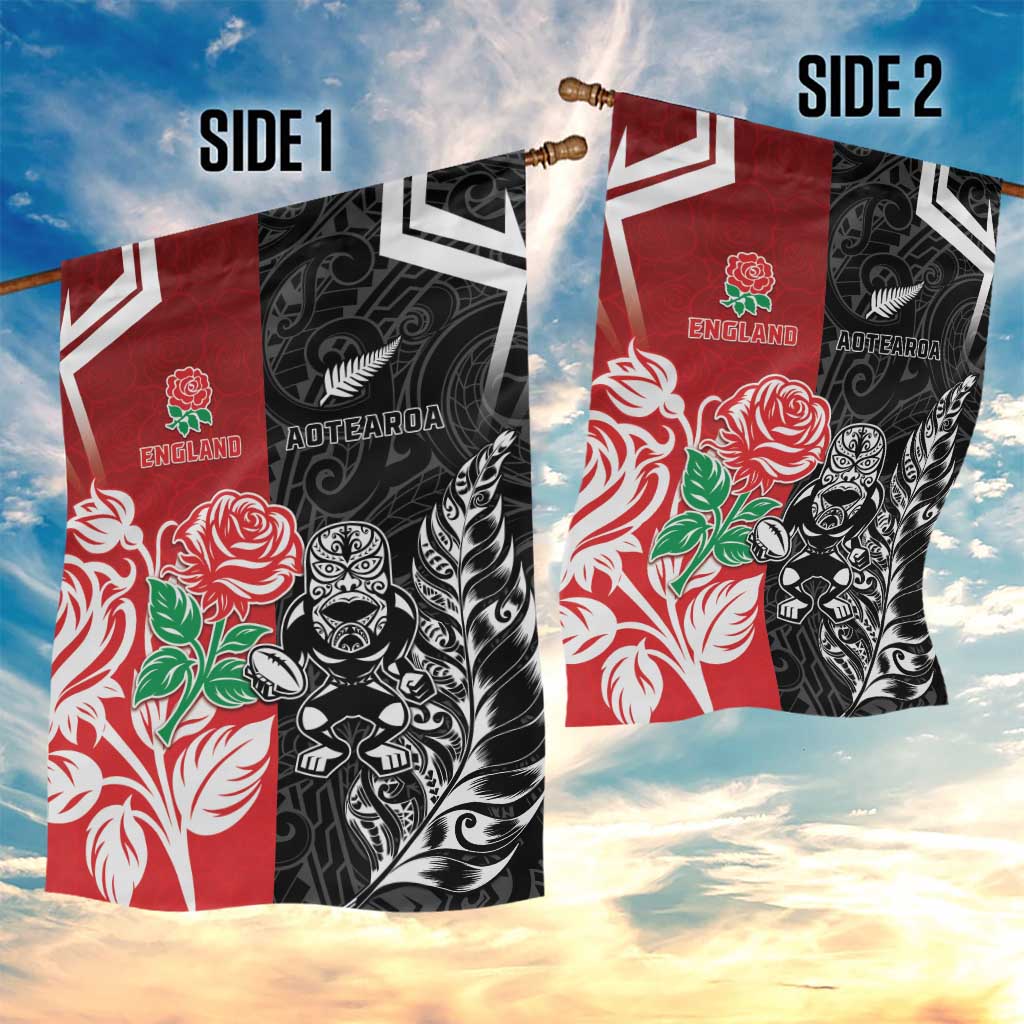 New Zealand And England Rugby Garden Flag Maori Tiki With Red Rose Together