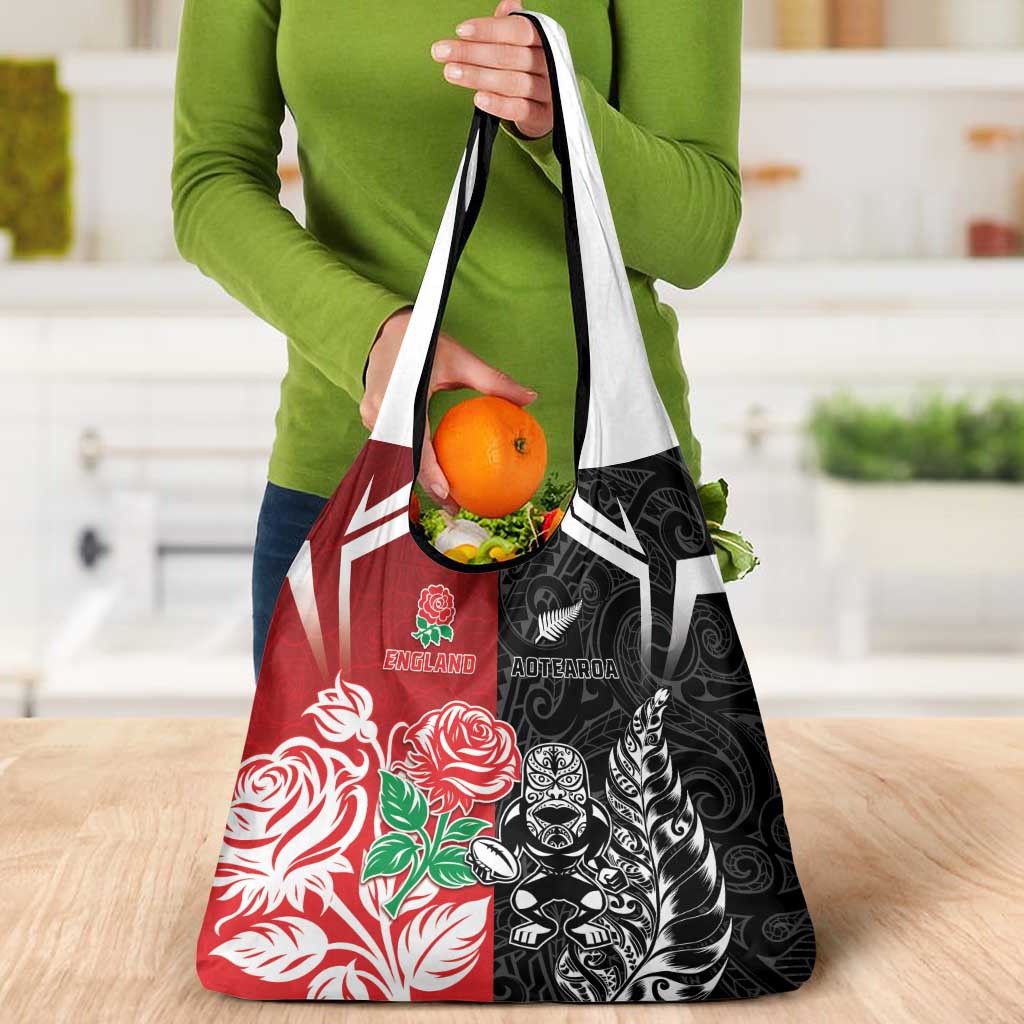 New Zealand And England Rugby Grocery Bag Maori Tiki With Red Rose Together